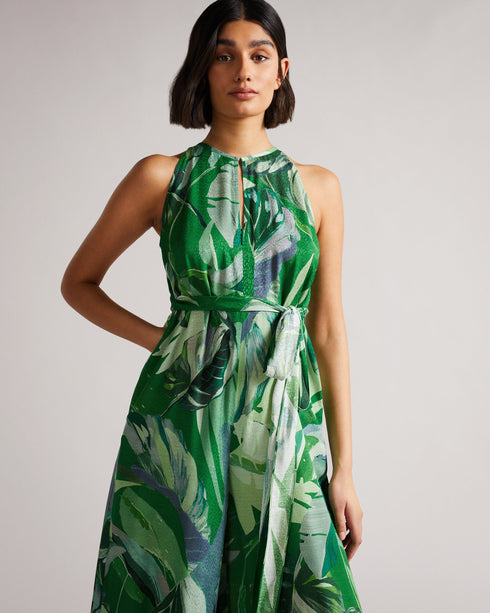 ISMEY-Trousers-ISMEY is a force of nature. A flowy jumpsuit with our Painted Leaf print all over, this outfit needs little more than a pair of sandals to create a chic look. Jumpsuit Halterneck Painted Leaf print Wide leg Wrap bodice detail Keyhole neck cut-out Our model is 5'9" / 1.75m and wears a Ted size 1- Ted Baker Romania